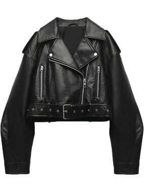 Women's Dark Black Faux Leather Cropped Biker Jacket Vintage Short Belted Coat